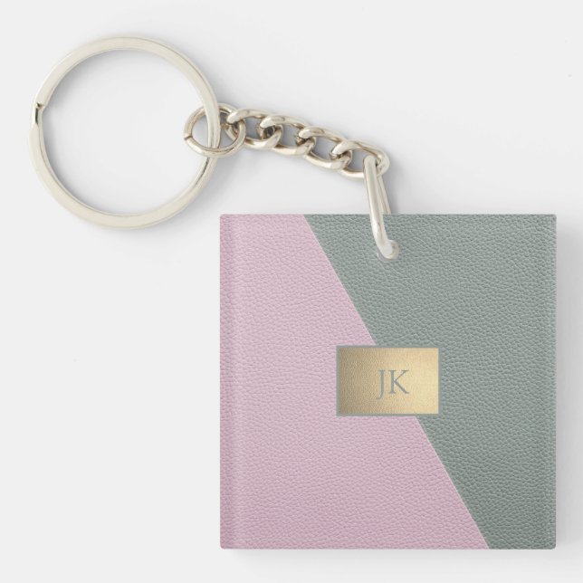 Elegant Green Pink Leather,Monogram Keychain (Front)