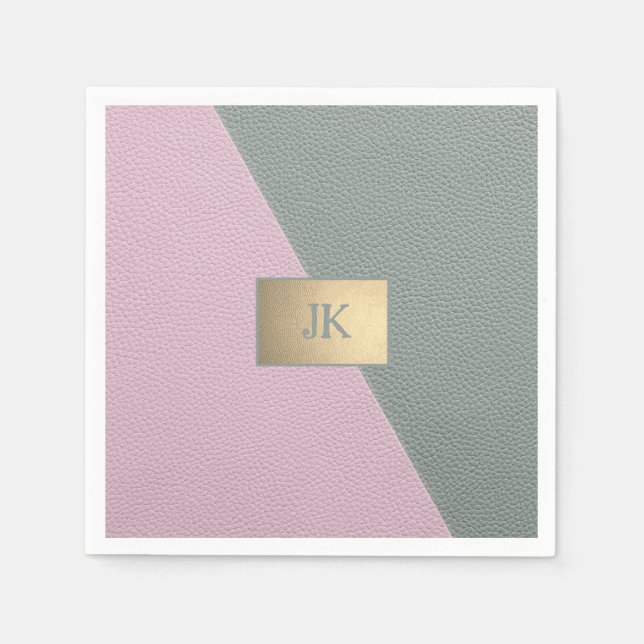 Elegant Green Pink Leather Monogram   Napkins (Front)