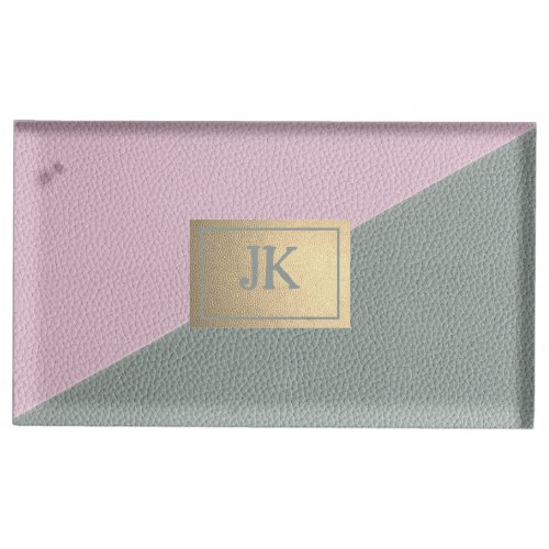 Elegant Green Pink Leather Monogram   Place Card Holder