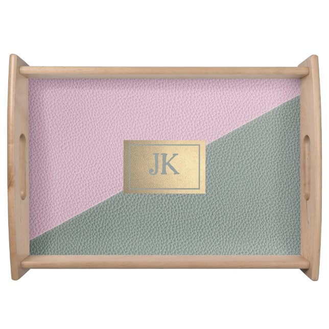 Elegant Green Pink Leather Monogram   Serving Tray (Front)