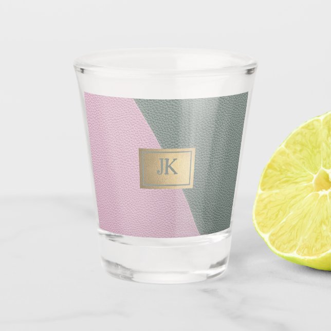 Elegant Green Pink Leather Monogram   Shot Glass (Front)