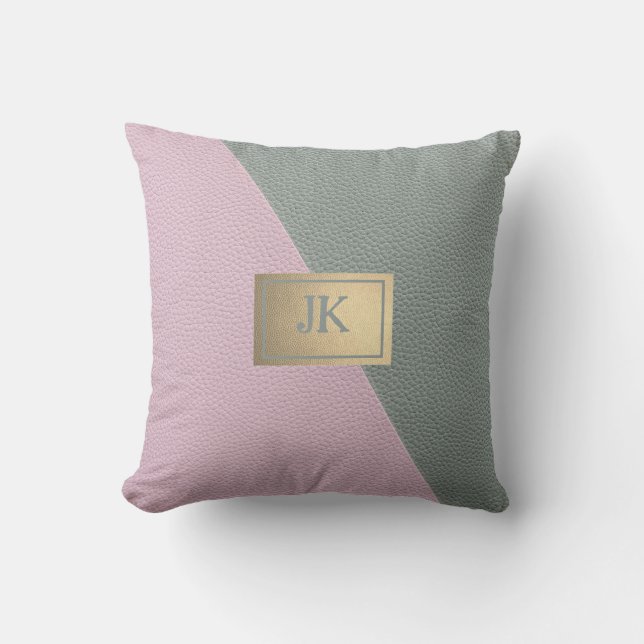 Elegant Green Pink Leather Monogram   Throw Pillow (Front)