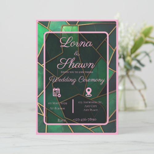 Elegant Green & Pink Overlay Wedding Invitation