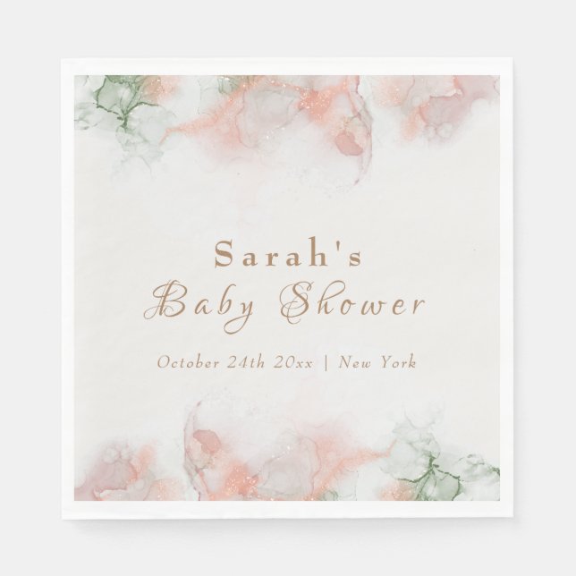 Elegant Green Pink Watercolor Agate Baby Shower  Napkins (Front)