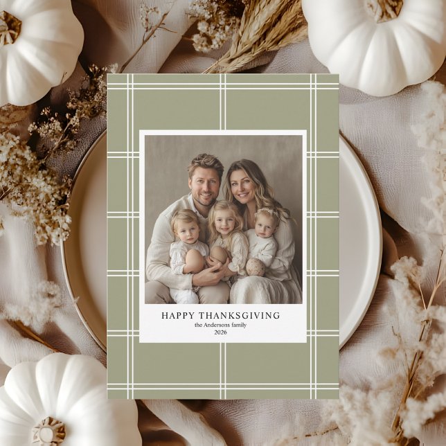 Elegant Green Plaid Family Photo Thanksgiving  Invitation (Creator Uploaded)