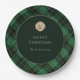 Elegant Green Plaid Merry Christmas Holiday Party Paper Plates