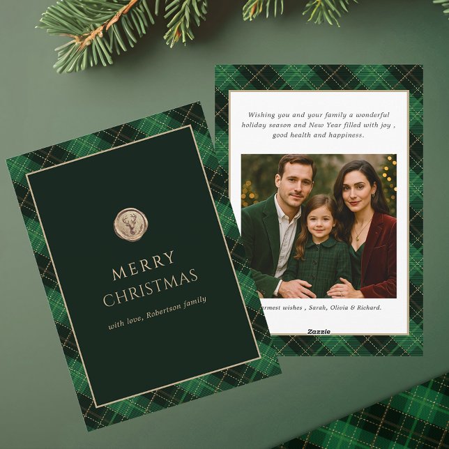 Elegant Green Plaid Merry Christmas Photo   Holiday Card (Elegant Christmas Green Plaid Photo Card)