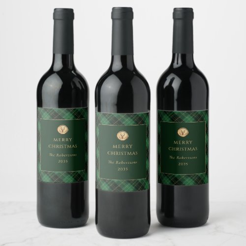 Elegant Green Plaid Merry Christmas Wine Label