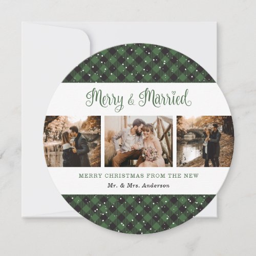 Elegant Green Plaid Newlyweds Christmas Cards