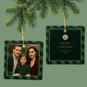 Elegant Green Plaid Personalized Photo Ceramic Ornament