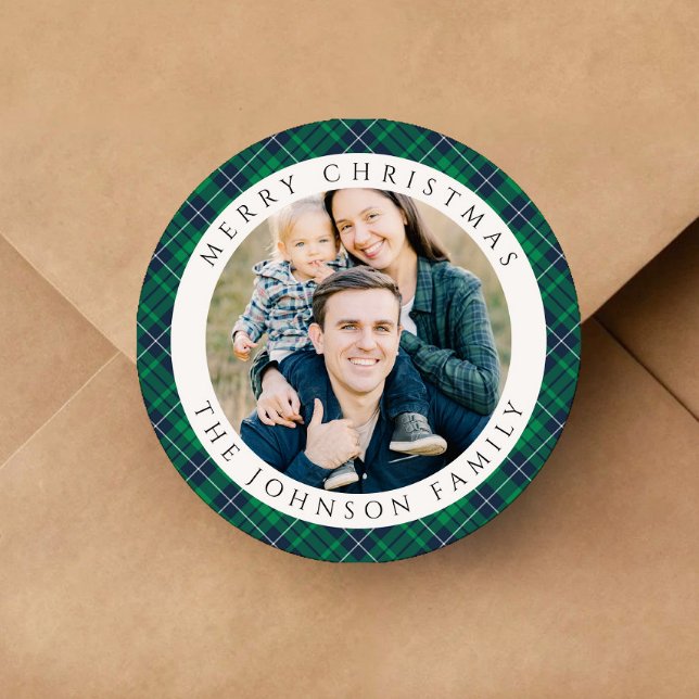 Elegant Green Plaid Photo Christmas Classic Round Sticker (Elegant Green Plaid Photo Christmas Classic Round Sticker)