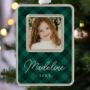 Elegant Green Plaid Photo Christmas Ornament
