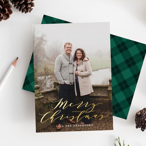 Elegant Green Plaid Photo Foil Holiday Card