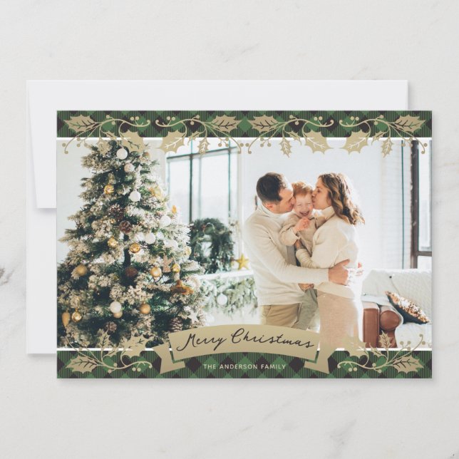 Elegant Green Plaid Photo Merry Christmas Holiday Card (Front)
