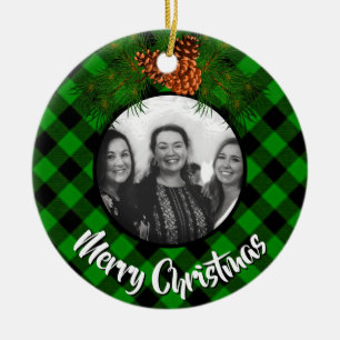 Elegant green plaid pinecone photo template ceramic ornament