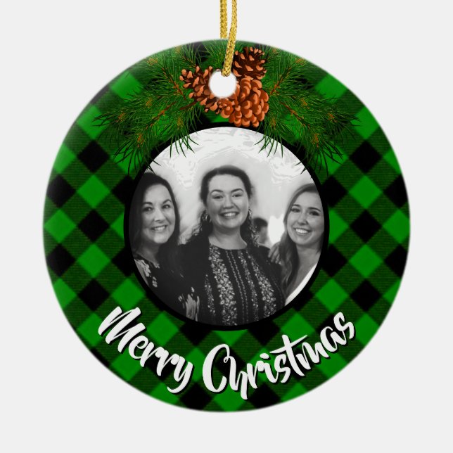 Elegant green plaid pinecone photo template ceramic ornament (Front)