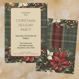 Elegant Green Plaid Red Poinsettia Christmas Party Invitation