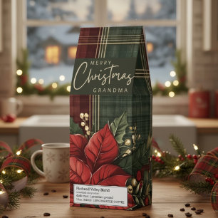 Elegant Green Plaid Red Poinsettia Christmas Roasted Coffee