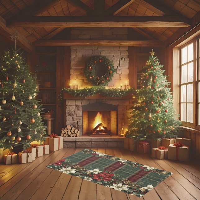 Elegant Green Plaid Red Poinsettia Christmas Rug (Creator Uploaded)