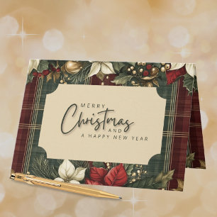 Elegant Green Plaid Red Poinsettia Merry Christmas Holiday Card