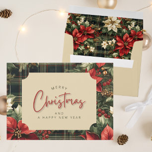 Elegant Green Plaid Red Poinsettias Christmas Envelope