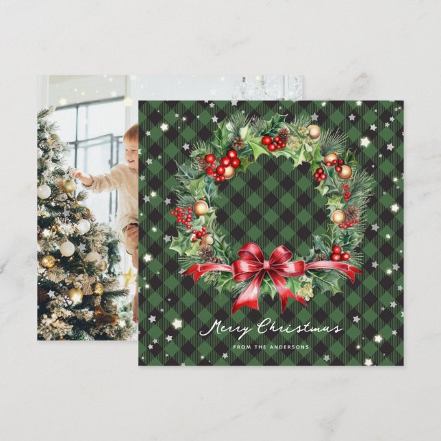 Elegant Green Plaid Wreath Photo Merry Christmas Holiday Card (Front/Back)