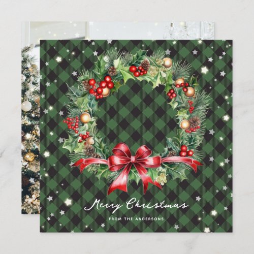 Elegant Green Plaid Wreath Photo Merry Christmas Holiday Card