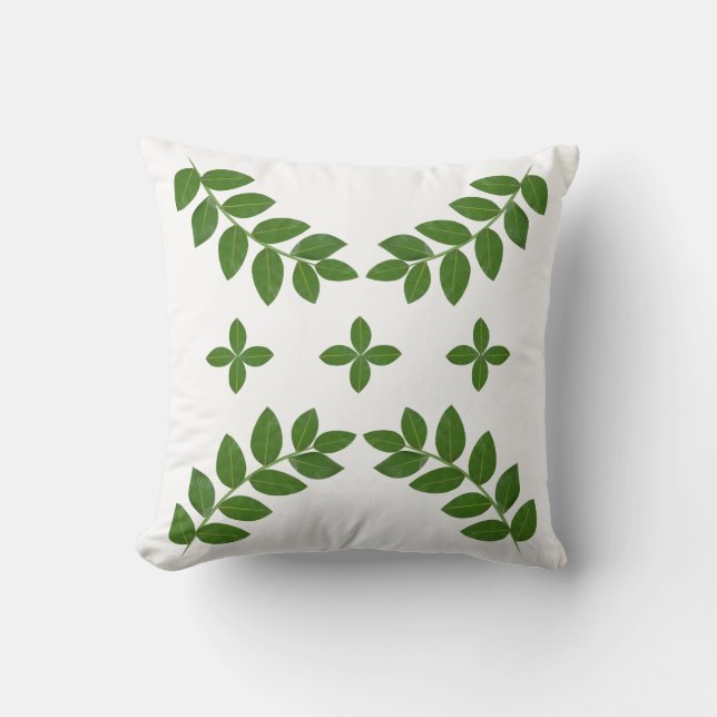 Elegant Green Plant Leaves on White Throw Pillow (Front)