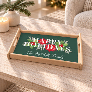 Elegant Green Poinsettia Happy Holidays Family Serving Tray