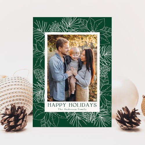 Elegant Green Poinsettias and Pine Cones Photo Holiday Card