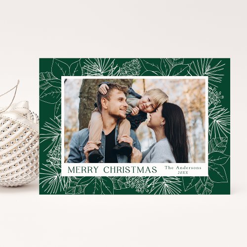 Elegant Green Poinsettias and Pine Cones Photo Holiday Card