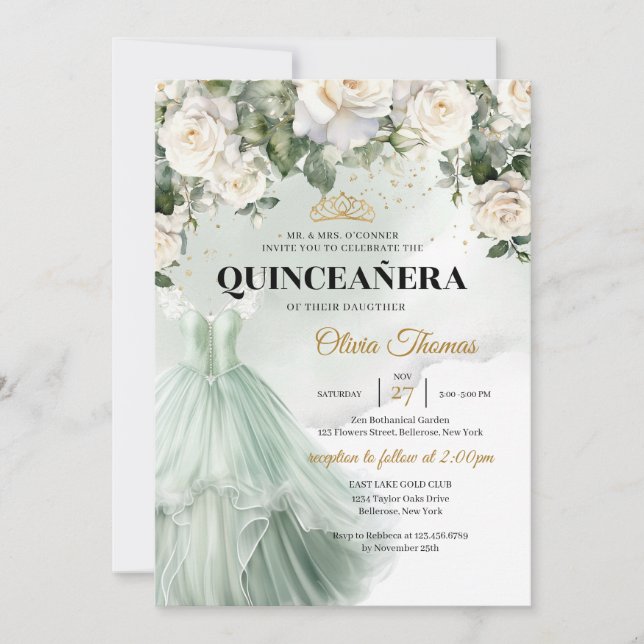 Elegant Green Princess Dress White Roses Greenery Invitation (Front)