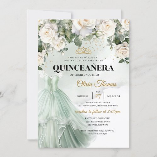 Elegant Green Princess Dress White Roses Greenery Invitation