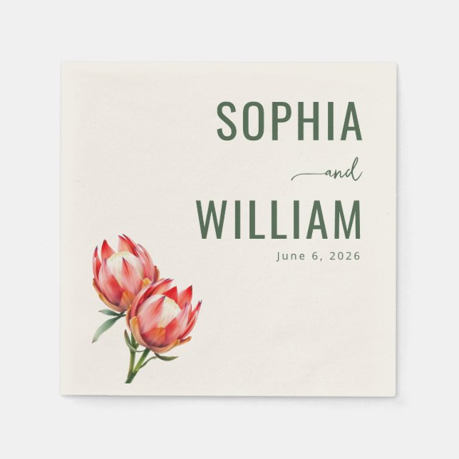 Elegant Green Protea Flowers Napkins (Front)