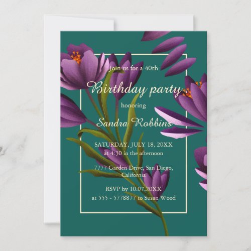 Elegant green purple flower birthday invitation