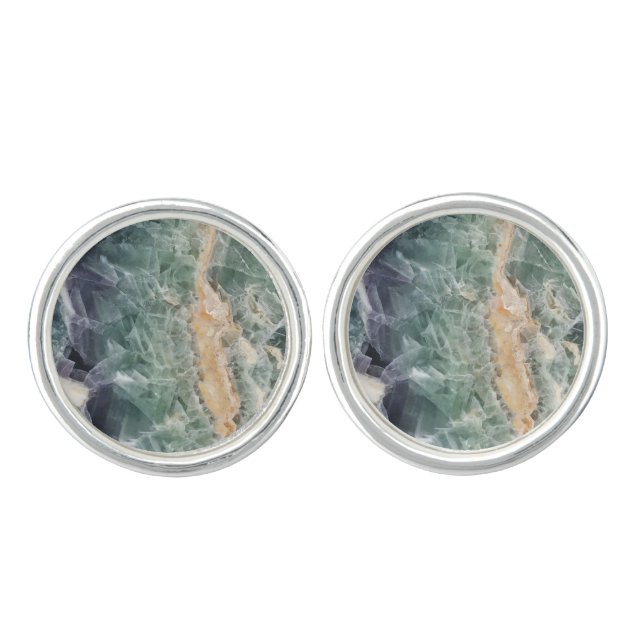 Elegant Green Purple Fluorite Close-up Photo Gem Cufflinks (Front)