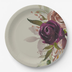 Elegant Green Purple Plum and Gold Floral Wedding Paper Plates
