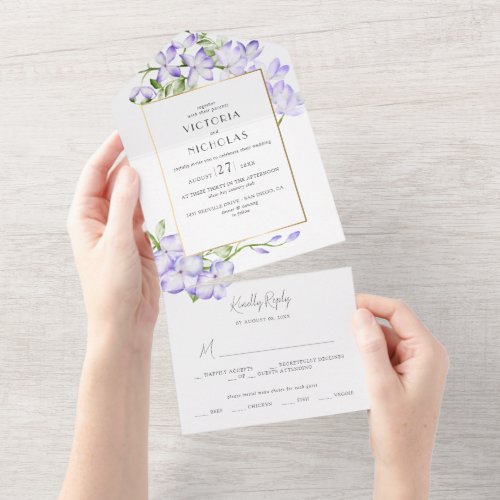 Elegant Green  Purple Wisteria Wedding All In One Invitation