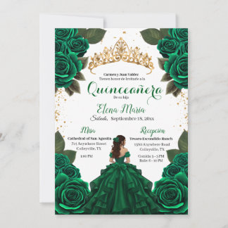 Elegant Green Quinceañera Roses Gold Glitter Invitation
