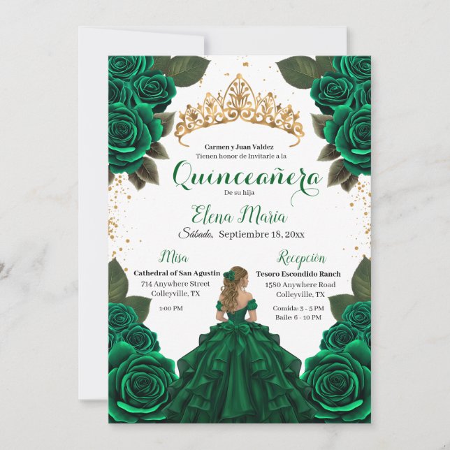 Elegant Green Quinceañera Roses Gold Glitter Invitation (Front)