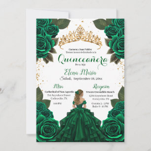 Elegant Green Quinceañera Roses Gold Glitter Invitation