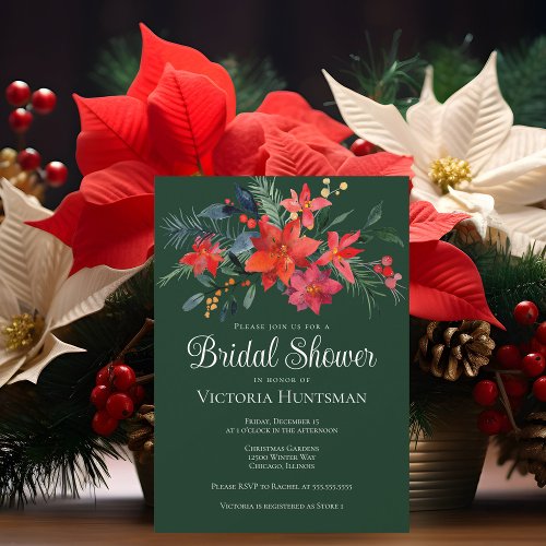 Elegant Green Red Christmas Floral Bridal Shower Invitation