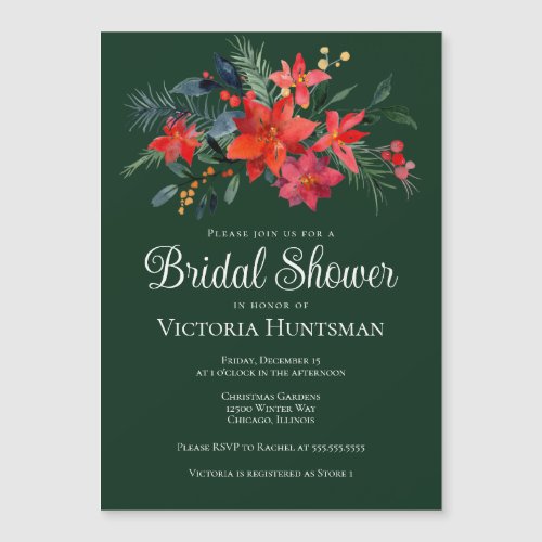 Elegant Green Red Christmas Floral Bridal Shower Magnetic Invitation