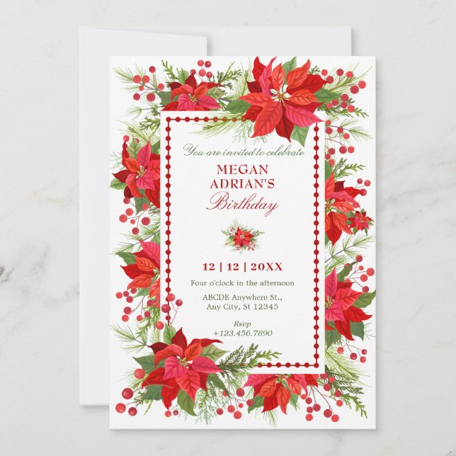 Elegant green red floral berry christmas birthday invitation (Front)