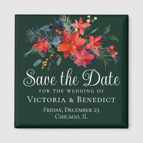 Elegant Green Red Floral Christmas Save the Date Magnet