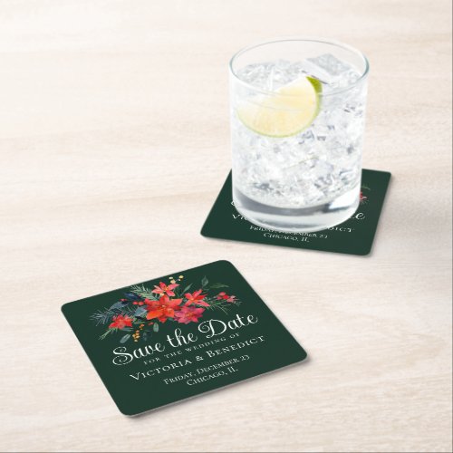 Elegant Green Red Floral Christmas Save the Date Square Paper Coaster