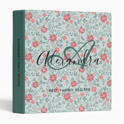 Elegant Green Red Floral Name Monogram Recipe  3 Ring Binder