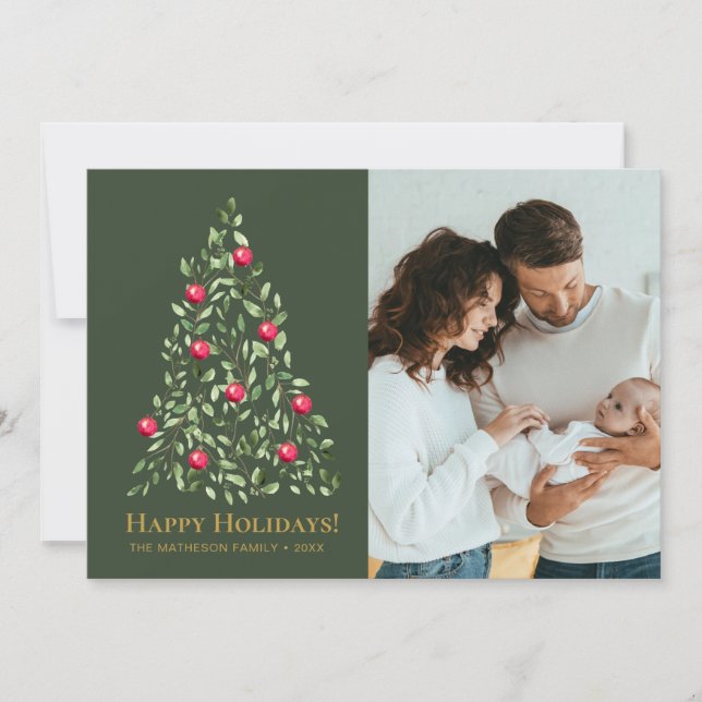 Elegant Green & Red Gold Botanical Family Photo  Holiday Card (Front)