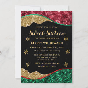 Elegant Green Red & Gold Snowflake Sweet 16 Invitation