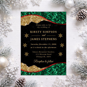 Elegant Green Red & Gold Snowflake Wedding Invitation